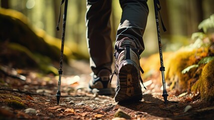 Close up of legs of person in hiking shoes walking in the forest, using hiking stick, Generative AI - Powered by Adobe