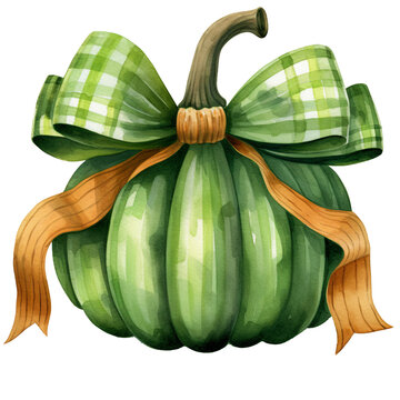 green pumpkin with bow watercolor illustration clipart isolated