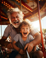 In the summertime joy, a senior man and his grandson relish a carousel ride, embodying happiness and togetherness in the midst of fun. - obrazy, fototapety, plakaty