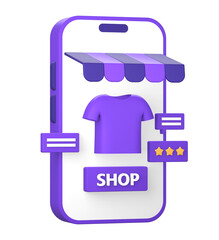 3d purple illustration icon of shopping review in online marketplace using smartphone right side