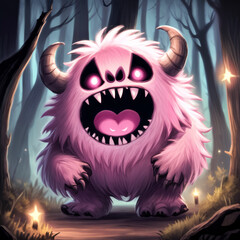 Pink fluffy monster with wide open mouth