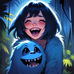 A happy girl with her monster