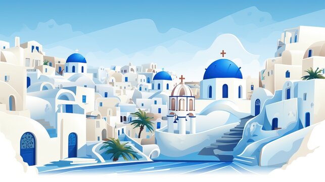 illustration of cartoon Santorini blue and white village with palm trees.