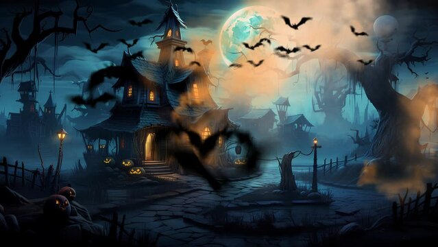 old castle emits yellow smoke at night halloween celebration under full moon. a group of flying bats. seamless animate video.