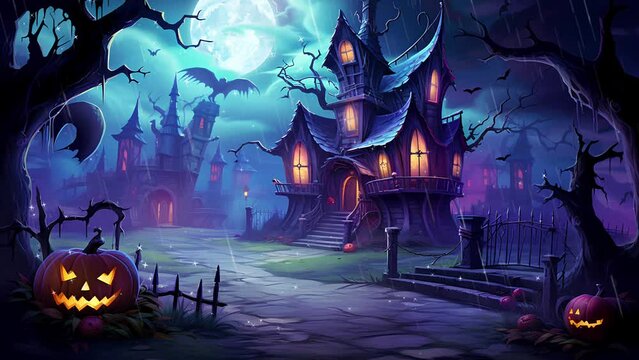 old castle with full moon in the background. A small fire is burning in front of the evil witch's castle church. happy halloween video backgrounds. 4k looping animated backgrounds.