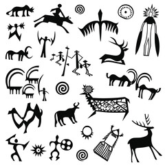 Fototapeta premium A series of petroglyphs, rock paintings of Central Asia, isolated on white background, vector design