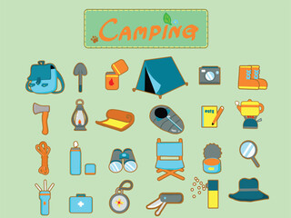 Camping icon set. Freehand drawing illustration cartoon style.