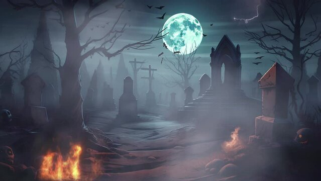 the atmosphere of the old creepy tomb filled with skulls littered with a big full moon. fires blazed all around. seamless looping video animated background.
