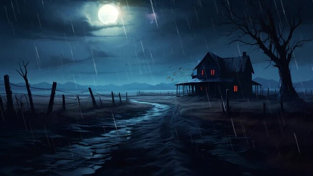 the atmosphere of an old house on a farm drizzling rain lightning strikes flying bats