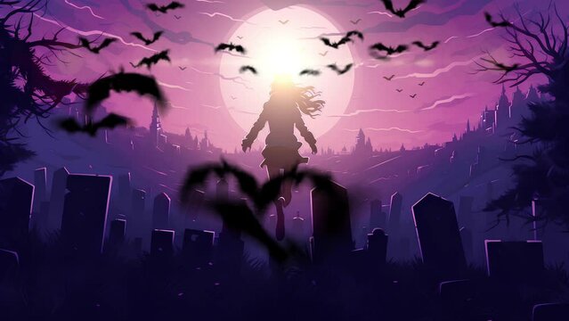 woman flying over old cemetery creepy full moon background flying bats. video background halloween