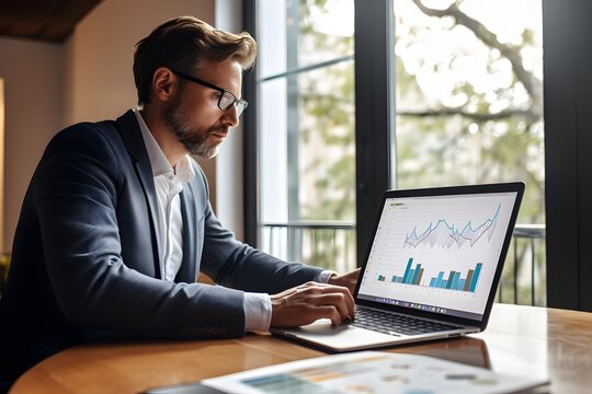 A seasoned executive delves into the organization's work strategy on his laptop, surrounded by KPI-infused graphs. His analytical prowess aims to improve performance, as he navigates the landscape of 