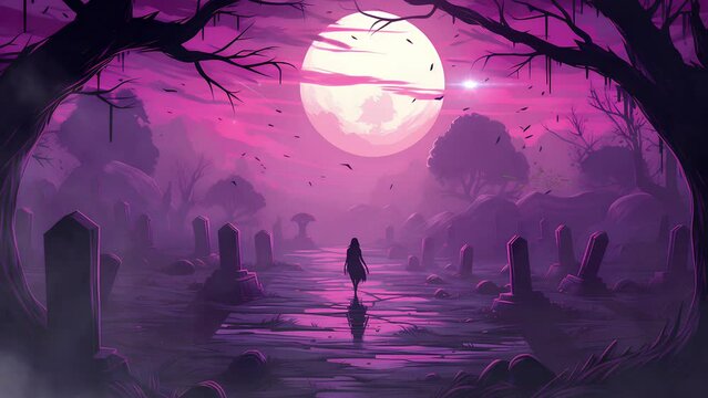 shadow of creepy woman walking in the middle of a scary graveyard. halloween background videos. Halloween background animation with scary cemetery concept. Animated looping background.