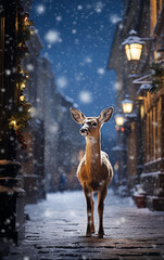A lovely doe is poised on an urban street, gracefully graced by falling snowflakes.