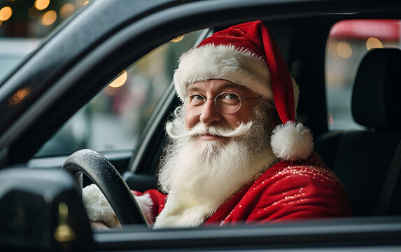 Santa Claus takes the wheel of a festive car, embodying the spirit of Christmas as he travels to deliver holiday joy.