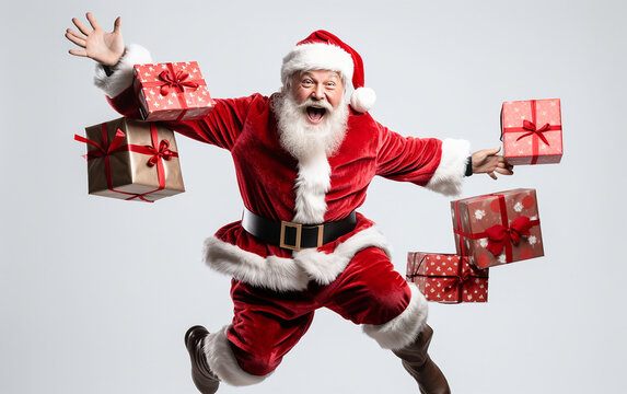 Santa Claus, exuding merriment and delight, leaps in front of a white background amid a sea of gifts, embodying the joyous Christmas atmosphere.