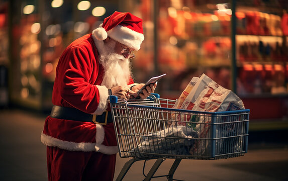 Santa Claus embarks on a shopping expedition to fulfill his gift list.
