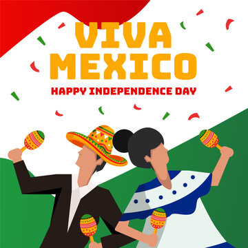 viva Mexico, independence day illustration with two people dancing and holding maracas