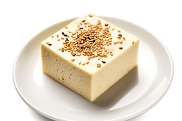 homemade tofu cheese with sesame seeds on a plate isolated against white, created by Generative AI