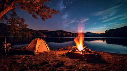 A campfire beneath the serene charm of a lake valley's backdrop. - obrazy, fototapety, plakaty
