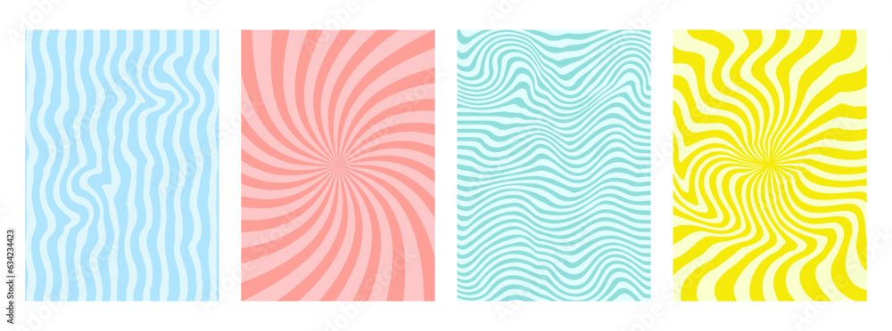 Aufkleber set of abstract striped groovy hippie 70s backgrounds. waves, swirl, twirl pattern. twisted and dist