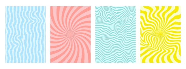 Set of abstract striped Groovy hippie 70s backgrounds. Waves, swirl, twirl pattern. Twisted and distorted vector texture in trendy retro psychedelic style. Y2k aesthetic Vector poster 