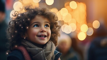 Enchanting Winter Evening: Toddler Boy and the Mystical Yellow Bokeh Lights of the City Sky - Generative AI