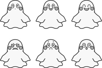シンプルなおばけのキャラクターのいろいろな表情のモノクロイラストセット