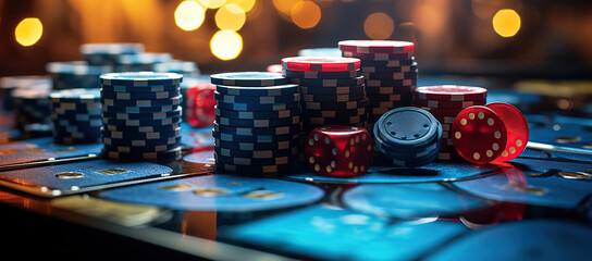 A vibrant close-up scene: red dice, game cards, and colorful chips on a casino table, capturing the essence of gambling, betting, and leisure. - obrazy, fototapety, plakaty