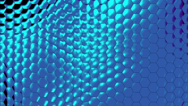 Abstract DJ Geometric Digital Animation. VJ Loop Visuals for Events. Sky Blue Sea Snake Scales Skin Pattern Texture Motion Graphics. Metallic Blue Animal Python Skin. Hexagon Skin Creature Texture.