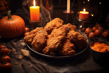 Crispy fried chicken decorated with pumpkin with a Halloween theme, Generative AI	