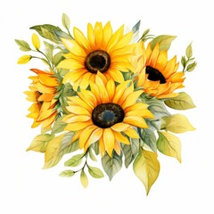 Watercolor illustration of sunflowers. Watercolor floral. Botanical Drawing. White background.