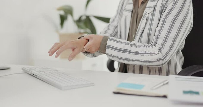 Business woman, hands and wrist injury from carpal tunnel syndrome or pain on keyboard at office. Closeup of female person ache, problem or joint inflammation from typing or overworked at workplace