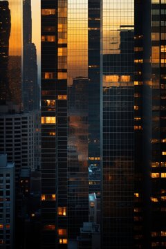 Dark city with reflections of the sunset in the windows of skyscrapers. AI Generation 