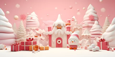 Fototapete Hell-pink 3d santa claus cute cartoon background with snowflakes, gifts and presents in the style of light teal, minimalist pastel colored landscapes, AI generate
