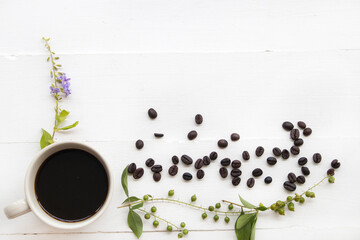 hot coffee espresso with coffee beans arrangement flat lay postcard style on background white