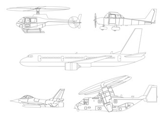 Obraz premium さまざまな種類の飛行する飛行機の線画