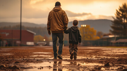 Fototapeta premium silhouette person, Backside of man and son with baseball cap at baseball stadium background with sunset. 