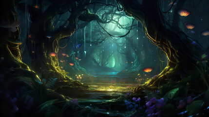 An enchanting forest glade at twilight, a mystical portal opening amidst ancient trees, soft bioluminescent plants illuminating the scene, a sense of wonder and anticipation in the air, Illustration, 