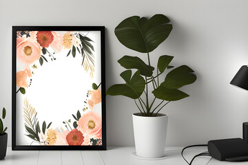 floral poster template on a desk, a pot plant next besides