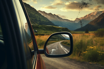 a zoomed or close-up image of a car front mirror with a beautiful view of beautiful Landscapes. hit the road concept