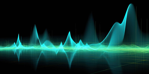 Soundwave waveform green and blue light showing data visualization of frequencies such as sound, electricity, brainwaves, mobile data, landscape cityscapes. For technology industry.