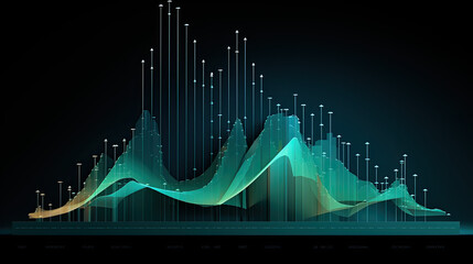 Soundwave waveform green and blue light showing data visualization of frequencies such as sound, electricity, brainwaves, mobile data, landscape cityscapes. For technology industry.