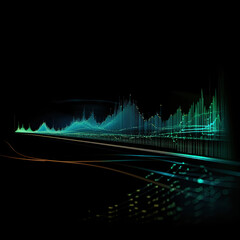 Soundwave waveform green and blue light showing data visualization of frequencies such as sound, electricity, brainwaves, mobile data, landscape cityscapes. For technology industry.