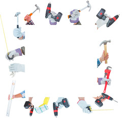 Digital png illustration of a ring of hands holding diy tools on transparent background