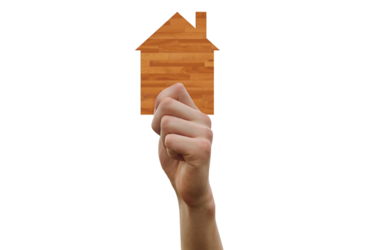 Digital png illustration of caucasian hand holding wooden house icon on transparent background
