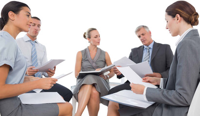 Digital png photo of caucasian business people at meeting on transparent background