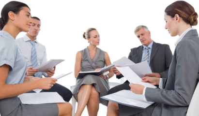 Digital png photo of caucasian business people at meeting on transparent background