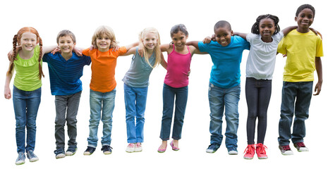 Digital png photo of happy diverse children embracing on transparent background
