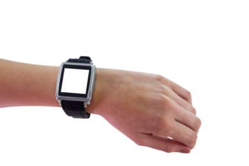Digital png photo of hand with smartwatch with copy space on transparent background