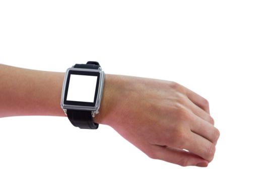 Digital png photo of hand with smartwatch with copy space on transparent background